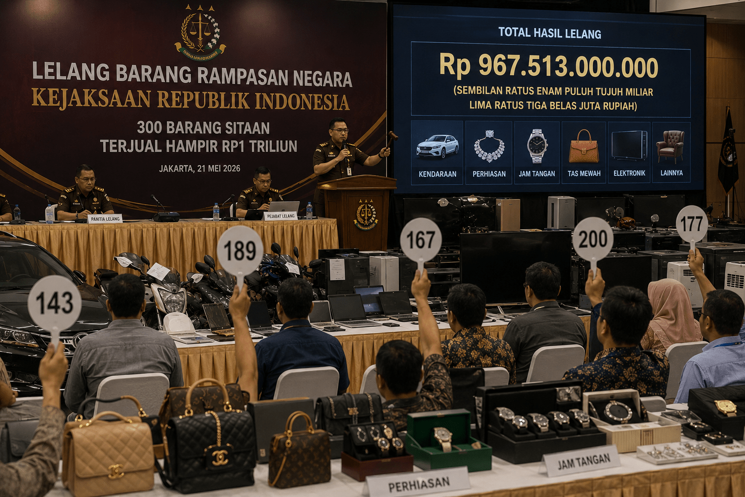 Kejagung Lelang 300 Barang Sitaan, Hasil Penjualan Tembus Hampir Rp1 Triliun