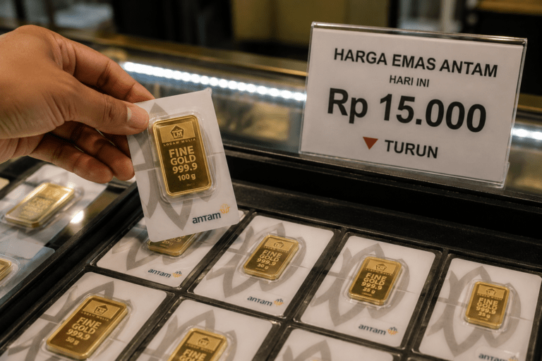 Harga Emas Antam Hari Ini Turun Rp15.000 per Gram